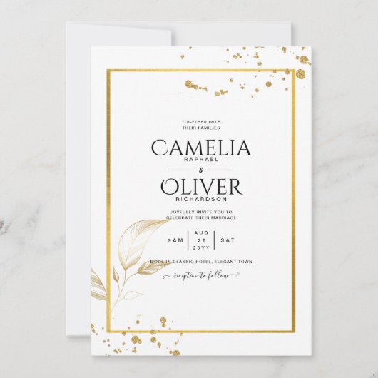 Elegant White & Gold Photo Wedding Invitation Kaart (Voorkant)