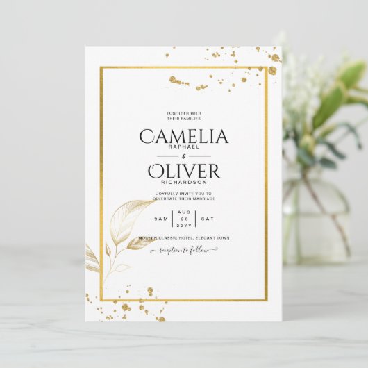 Elegant White & Gold Photo Wedding Invitation Kaart (Staand voorkant)