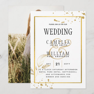 Elegant White & Gold Photo Wedding Invitation Kaart