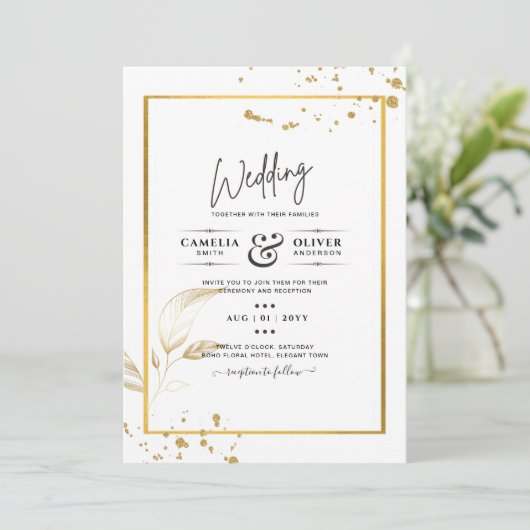 Elegant White & Gold Photo Wedding Invitation Kaart (Staand voorkant)
