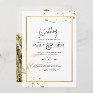 Elegant White & Gold Photo Wedding Invitation Kaart