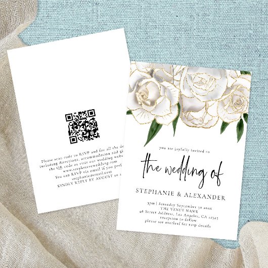 Elegant White Gold Roos QR Code Weddenschap Kaart