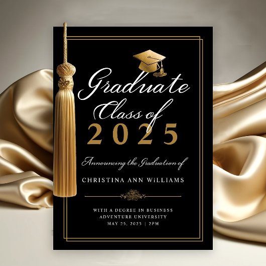 Elegant White Gold Script Black College Graduing Aankondiging