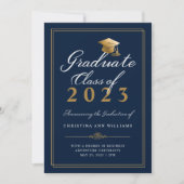 Elegant White Gold Script Blue College Graduing Aankondiging (Voorkant)