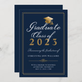 Elegant White Gold Script Blue College Graduing Aankondiging (Voorkant / Achterkant)