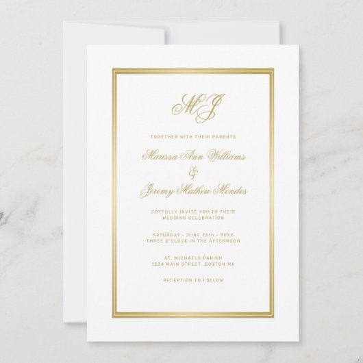 Elegant White Gold Script Monogram Weddenschap Kaart (Voorkant)