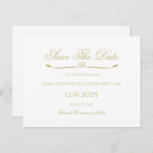 Elegant White Gold Script Simple Heart Weddenschap Save The Date (Voorkant / Achterkant)