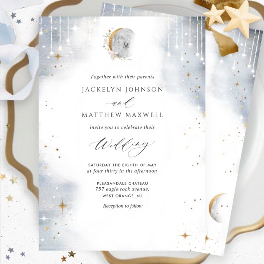 Elegant White Gold Silver Celestial Starry Wedding Kaart