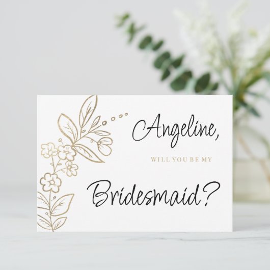 Elegant white gold simple floral Bridesmaid Kaart (Staand voorkant)