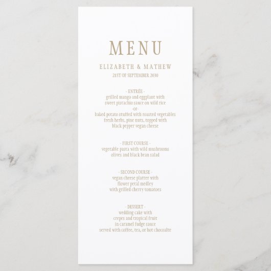 Elegant White Gold Simple Wedding Menu (Voorkant)