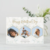 Elegant White + Gold Valentijnsdag Triple Foto Feestdagenkaart (Staand voorkant)