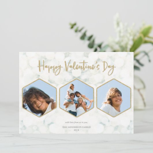 Elegant White + Gold Valentijnsdag Triple Foto Feestdagenkaart (Staand voorkant)