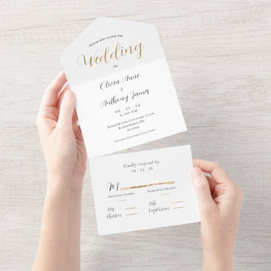 Elegant White & Gold Wedding All In One Uitnodiging (Afscheurbaar)