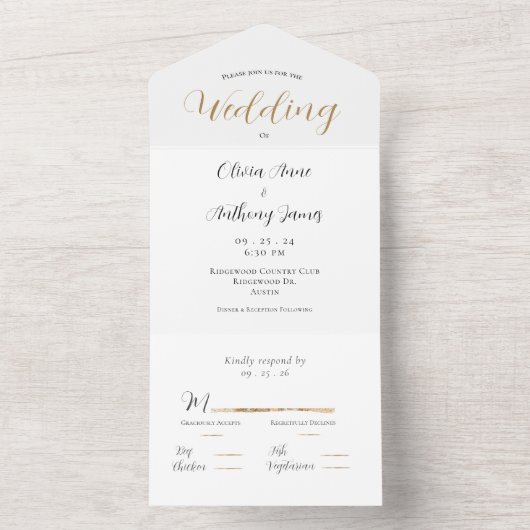 Elegant White & Gold Wedding All In One Uitnodiging (Binnen)