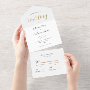 Elegant White & Gold Wedding All In One Uitnodiging