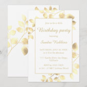 Elegant white gouden bladeren verjaardagsuitnodigi kaart (Voorkant / Achterkant)