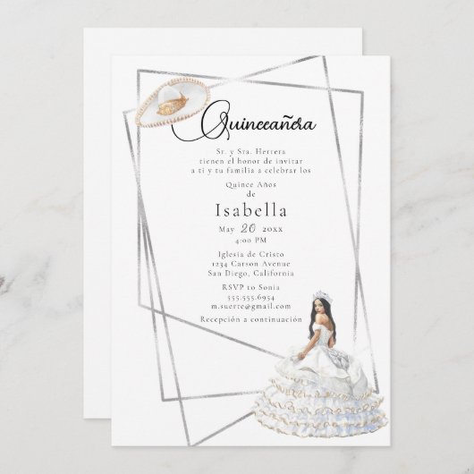 Elegant White Gown en Sombrero Quinceañera Kaart (Voorkant / Achterkant)