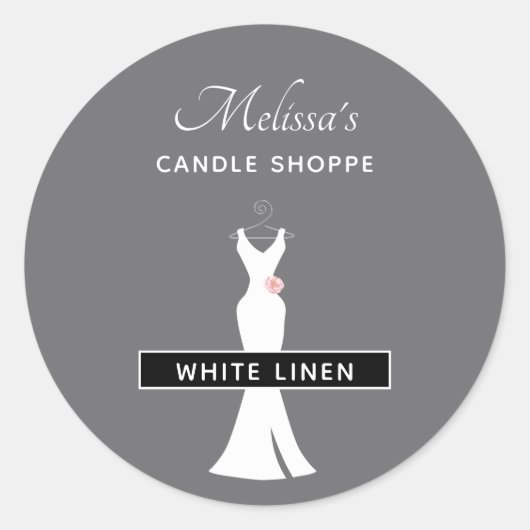 Elegant White Gown on Grey - Stylish Candle Scent Ronde Sticker (Voorkant)