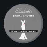 Elegant White Gown on Grey - Stylish Vrijgezellenf Magneet<br><div class="desc">Vrijgezellenfeest dank je magneet met een grijze achtergrond. Een grafische illustratie van een elegante witte jurk die aan een hanger hangt. Eenvoudig minimalistisch ontwerp.</div>