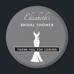 Elegant White Gown on Grey - Stylish Vrijgezellenf Magneet<br><div class="desc">Vrijgezellenfeest dank je magneet met een grijze achtergrond. Een grafische illustratie van een elegante witte jurk die aan een hanger hangt. Eenvoudig minimalistisch ontwerp.</div>