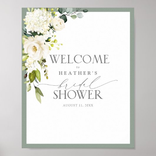 Elegant White Gray Green Watercolor Bridal Welcome Poster (Voorkant)