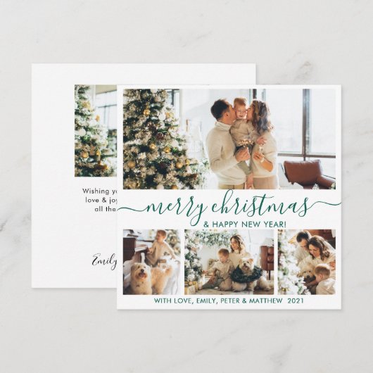 Elegant White Green 4 Photo Collage Kerstmis Feestdagenkaart (Voorkant / Achterkant)