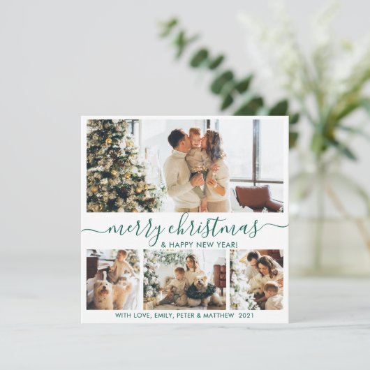 Elegant White Green 4 Photo Collage Kerstmis Feestdagenkaart (Staand voorkant)