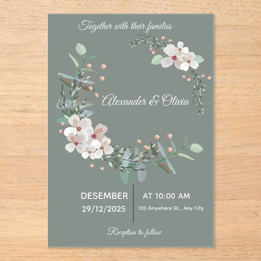 Elegant White & Green Acrylic Wedding Invitation Acryl Uitnodigingen (Voorkant)