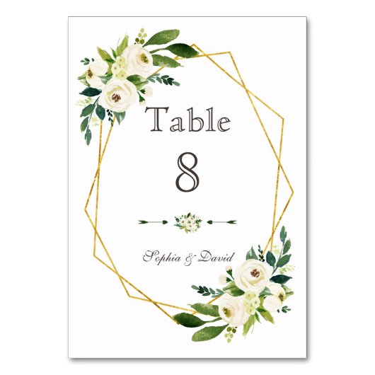 Elegant White Green Floral Gold Lijst Table Number Kaart (Voorkant)