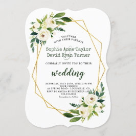 Elegant White Green Floral Gold Lijst Wedding Kaart