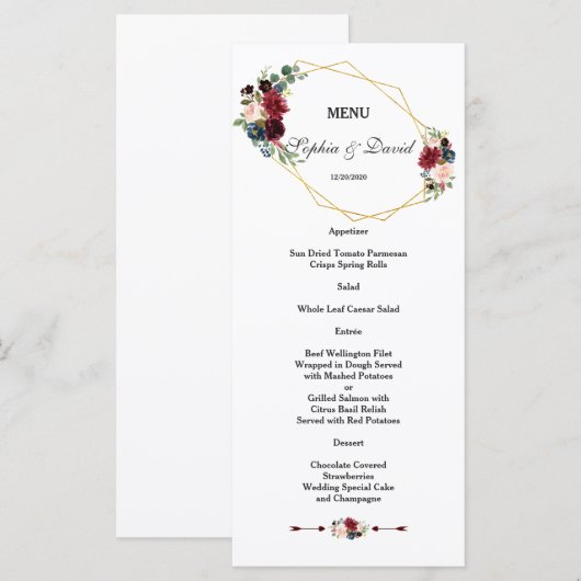 Elegant White Green Floral Gold Lijst Wedding Menu (Voorkant / Achterkant)
