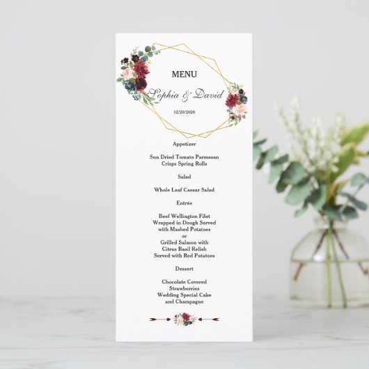 Elegant White Green Floral Gold Lijst Wedding Menu (Staand voorkant)
