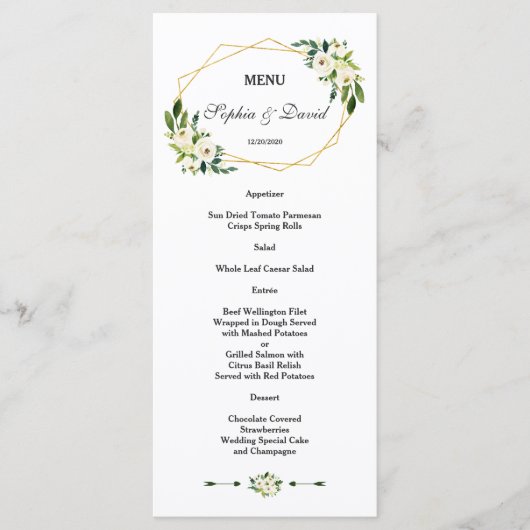 Elegant White Green Floral Gold Lijst Wedding Menu (Voorkant)
