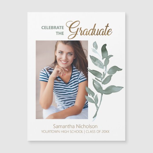 Elegant White Green Leaves Afstuderen Foto (Voorkant)