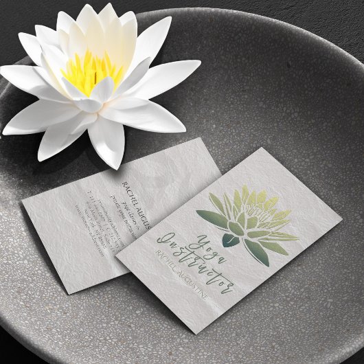 Elegant White & Green Lotus Yoga Instructor Script Visitekaartje