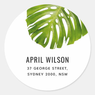ELEGANT WHITE GREEN MONSTERA LEAF FOLIAGE ADRES RONDE STICKER