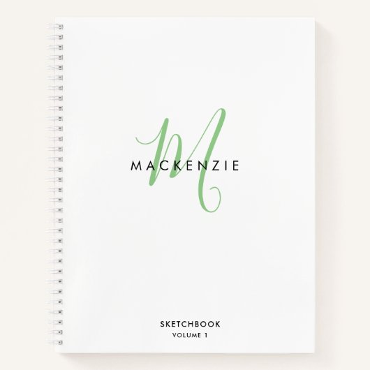 Elegant White Green Script Monogram Sketchbook Notitieboek (Voorkant)