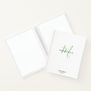 Elegant White Green Script Monogram Sketchbook Notitieboek