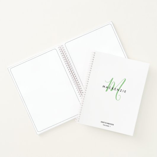 Elegant White Green Script Monogram Sketchbook Notitieboek (Binnen)