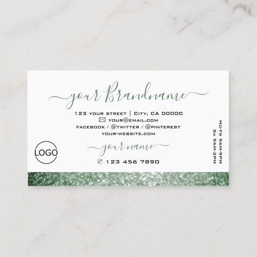 Elegant White Green Sparkle Glitter Diamonds Logo Visitekaartje (Achterkant)