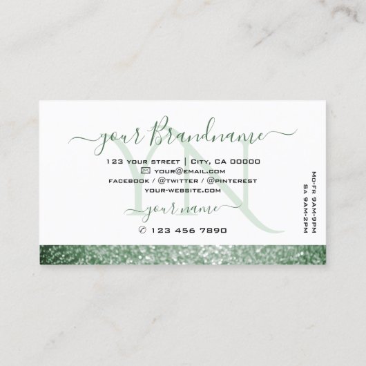 Elegant White Green Sparkle Glitter met Monogram Visitekaartje (Achterkant)