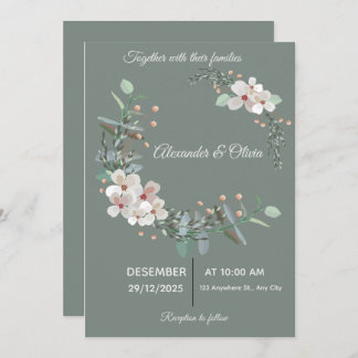 Elegant White & Green Wedding Invitation Kaart