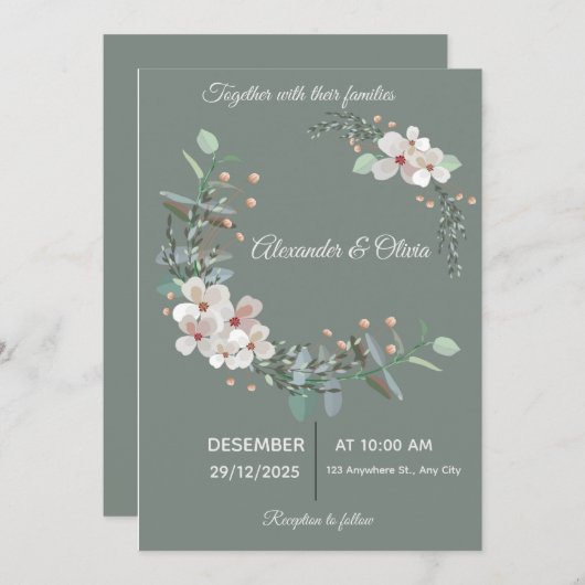Elegant White & Green Wedding Invitation Kaart (Voorkant / Achterkant)