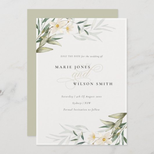 Elegant White Greenery Floral Save the Date Kaart (Voorkant / Achterkant)