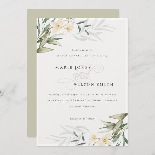 Elegant White Greenery Floral Vow Renewal Invite Bedankkaart (Voorkant / Achterkant)