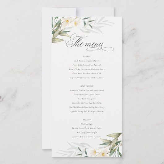 Elegant White Greenery Floral Wedding Menu Kaart (Voorkant)