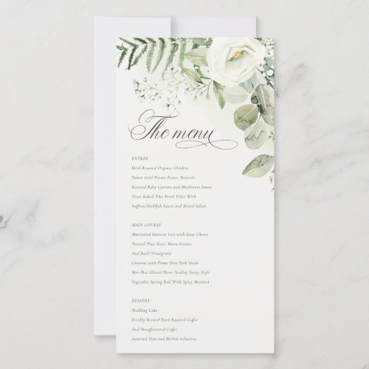 Elegant White Greenery Floral Wedding Menu Kaart (Voorkant)