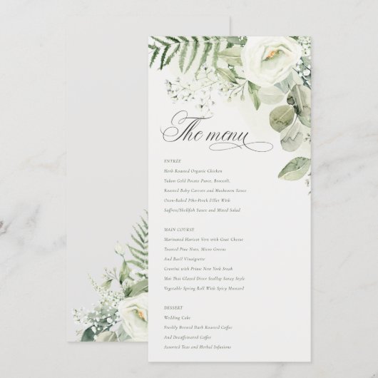 Elegant White Greenery Floral Wedding Menu Kaart (Voorkant / Achterkant)