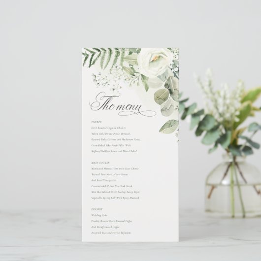 Elegant White Greenery Floral Wedding Menu Kaart (Staand voorkant)