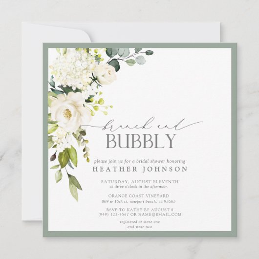 Elegant White Grey Green Brunch & Bubble Shower Kaart (Voorkant)